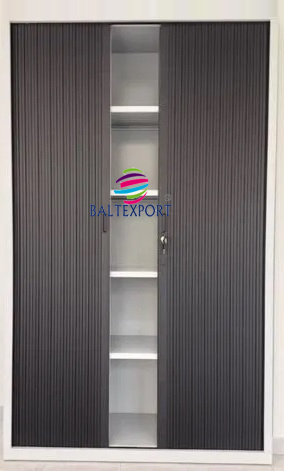 Armário Alto com Portas de Persiana Pretas e Estrutura Cinza 016